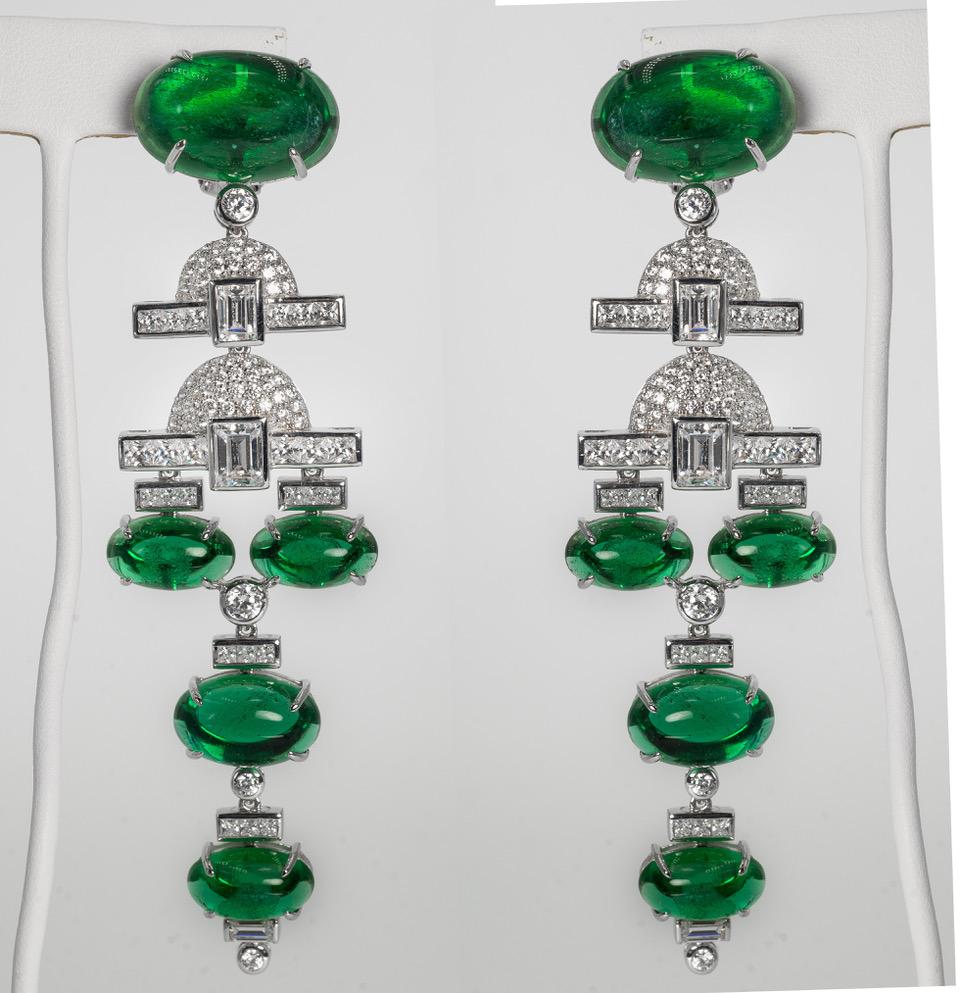 Emerald Cut Art Deco Large Diamond Emerald Chandelier Earrings Red Carpet Runway Met Museum