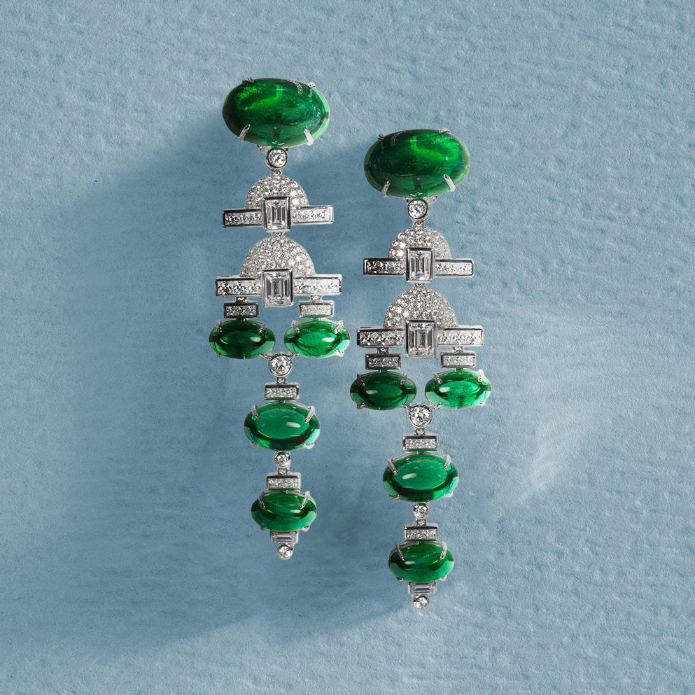 Emerald Cut Art Deco Large Diamond Emerald Chandelier Earrings Red Carpet by Clive Kandel
