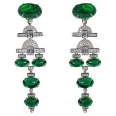 Art Deco Large Diamond Emerald Chandelier Earrings Red Carpet Runway Met Museum