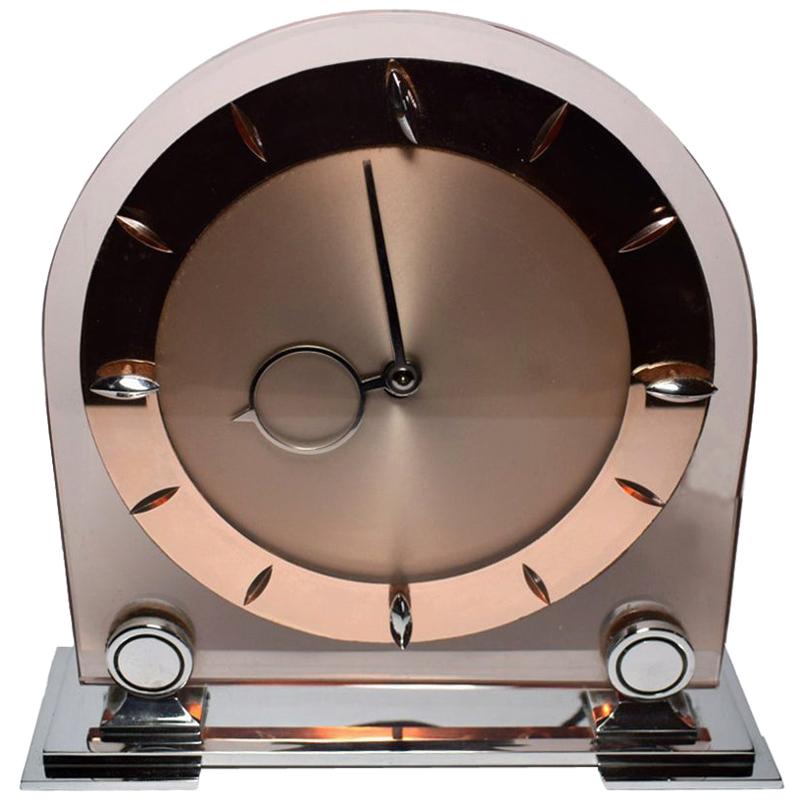 Art Deco Large English 1930s Pink Glass and Mirror Mantle Clock For Sale