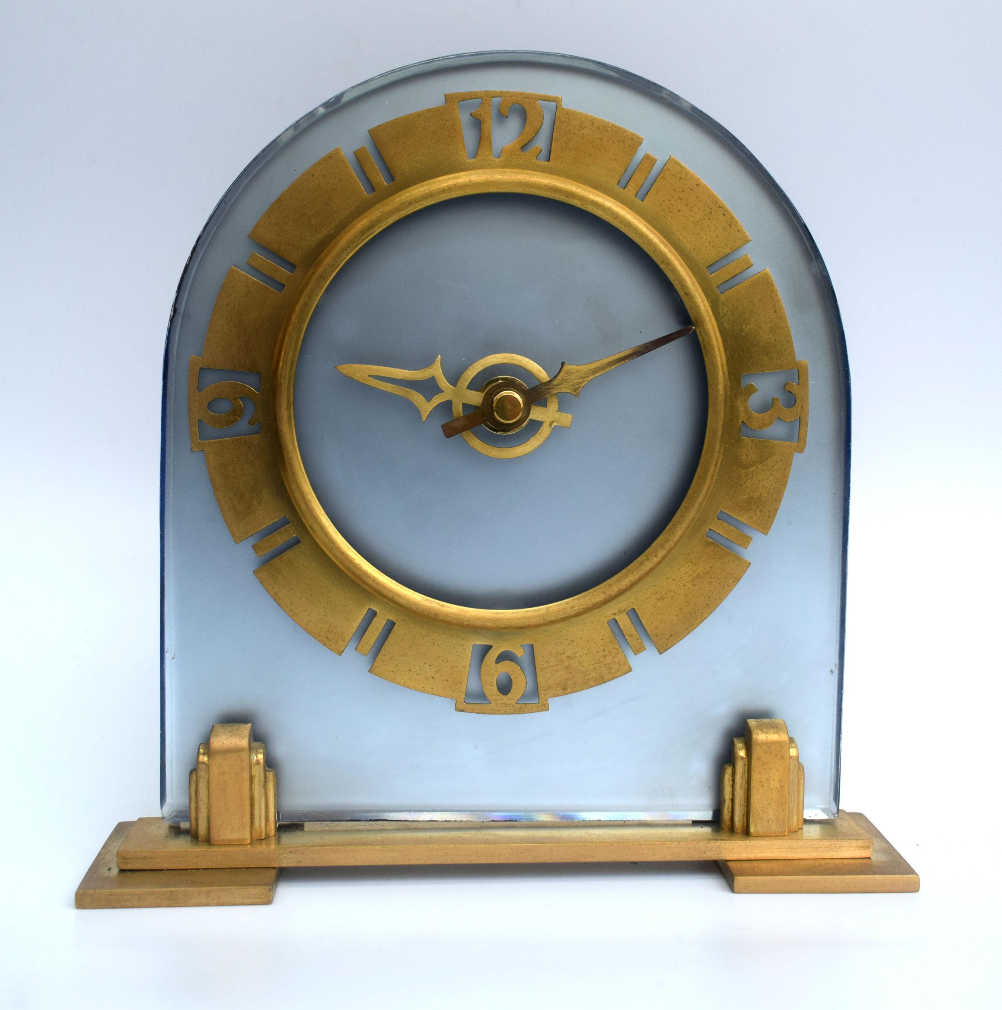 Art Deco Large English Blue Glass Mantle Clock, 1930 In Good Condition In Devon, England