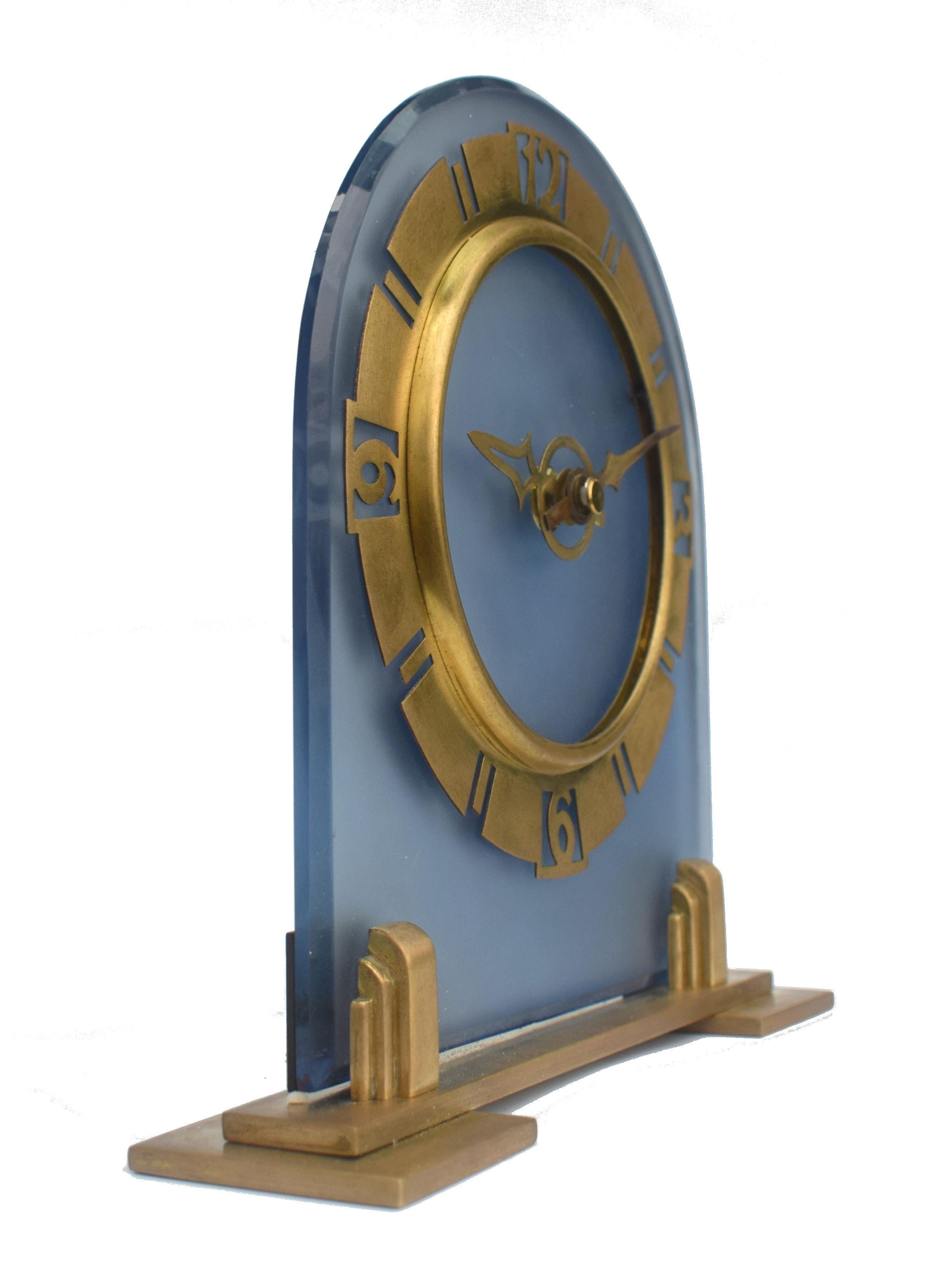 20th Century Art Deco Large English Blue Glass Mantle Clock, 1930