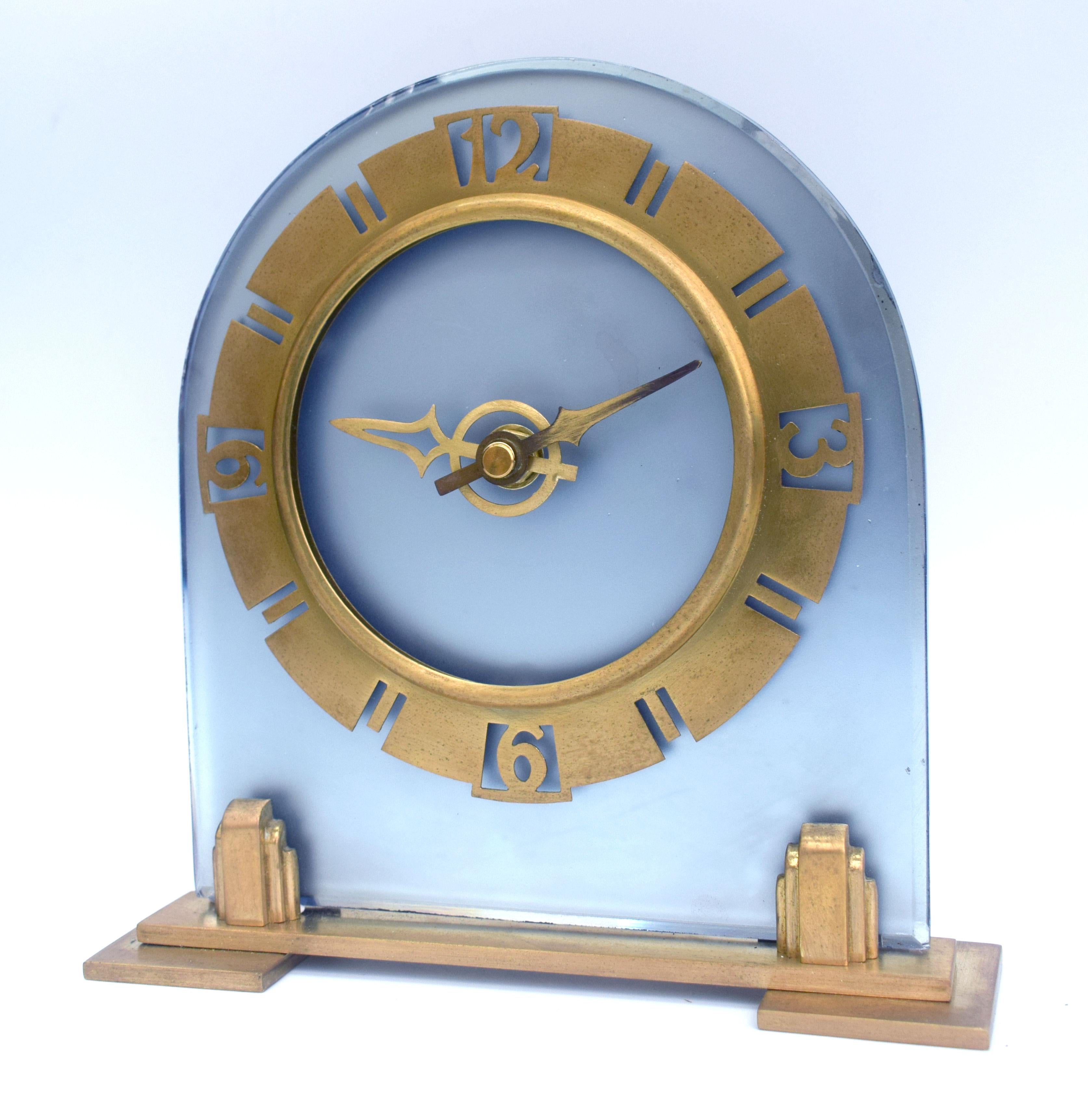 Art Deco Large English Blue Glass Mantle Clock, 1930 2