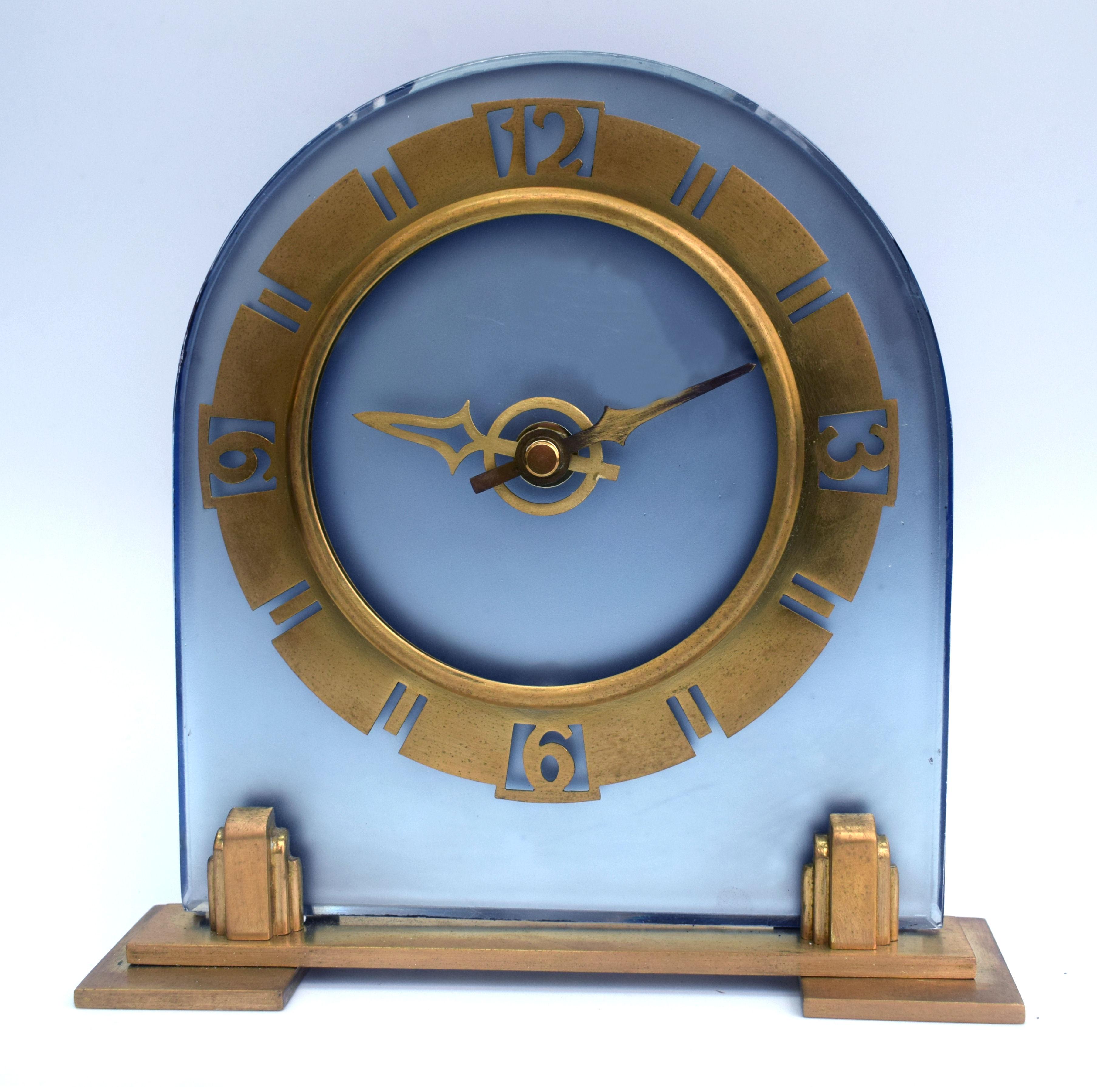 Art Deco Large English Blue Glass Mantle Clock, 1930 3