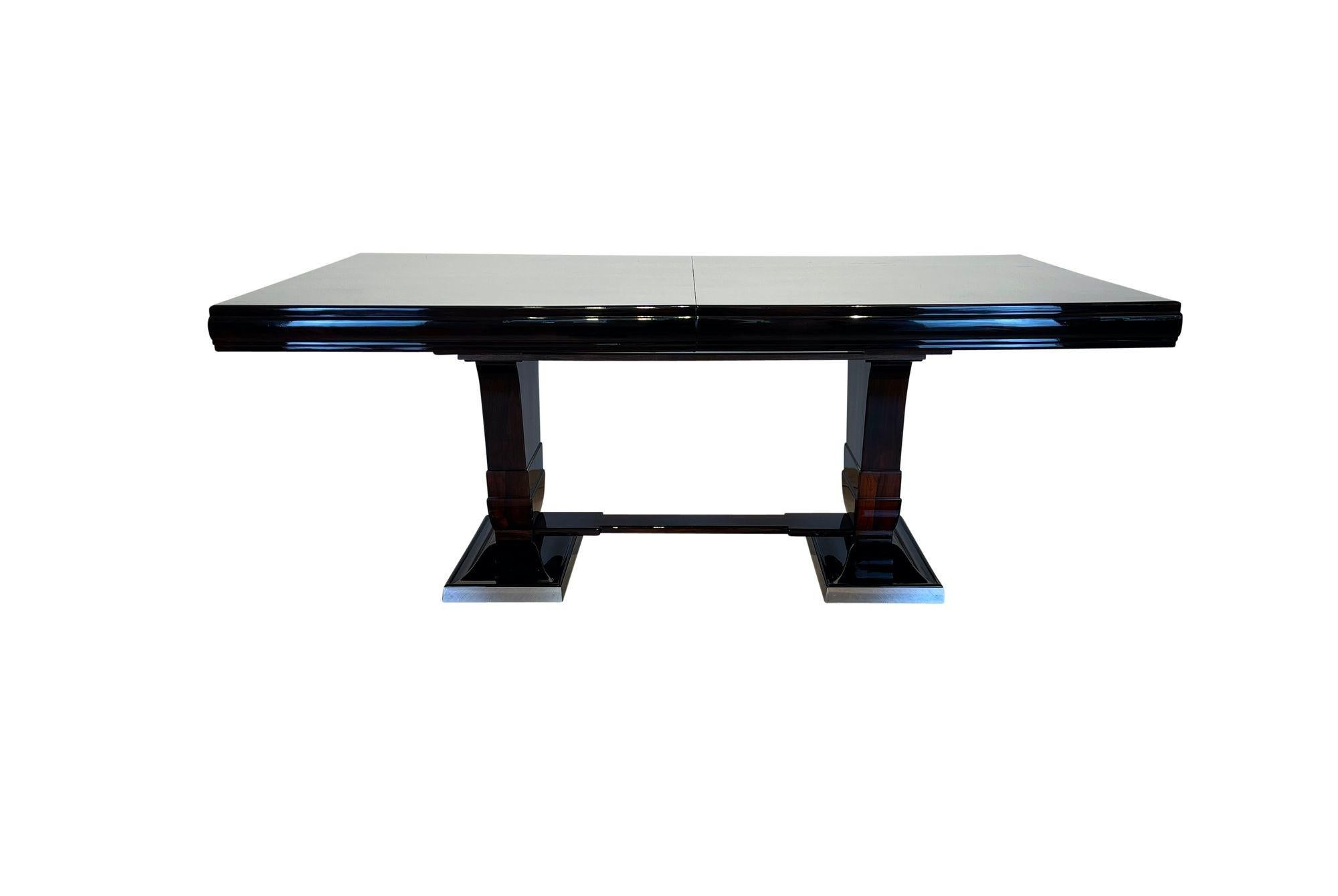 Stainless Steel Art Deco Large Expandable Table, Rosewood, Oak, Lacquer, France, circa 1925