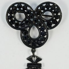 Art Deco Large Hand Cut French Jet Brooch with Long Black Chain Tassels