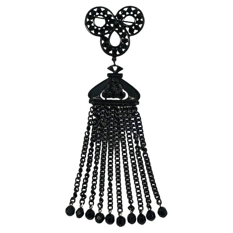 Art Deco Large Hand Cut French Jet Brooch with Long Black Chain Tassels For Sale