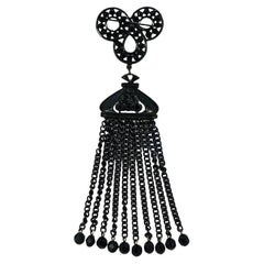 Art Deco Large Hand Cut French Jet Brooch with Long Black Chain Tassels