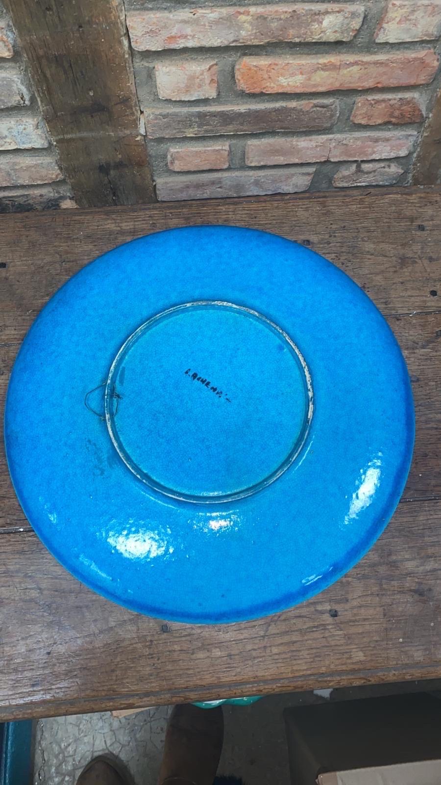 Art Deco Large French Aqua Blue Platter Edmond Lachenal In Good Condition For Sale In Austin, TX
