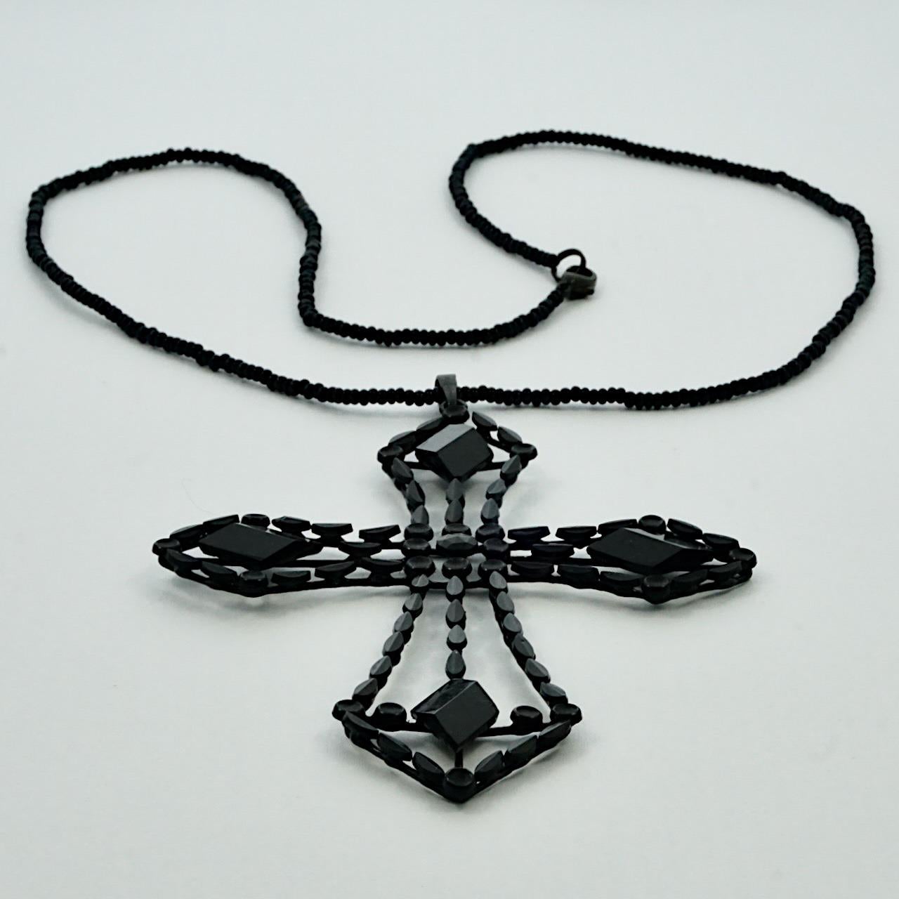 Women's or Men's Art Deco Large French Jet Cross Pendant and Black Glass Bead Chain Necklace For Sale