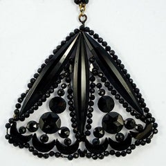 Art Deco Large Hand Cut French Jet Pendant and Beaded Chain Necklace