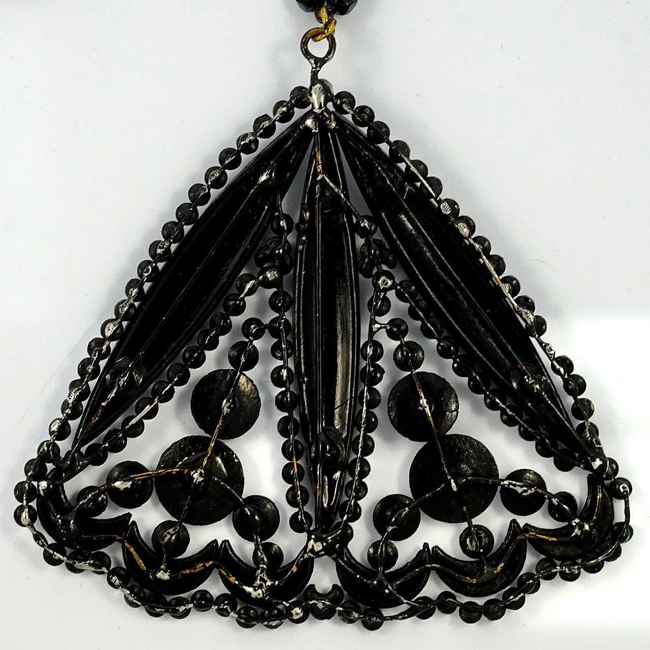 Women's or Men's Art Deco Large Hand Cut French Jet Pendant and Beaded Chain Necklace For Sale