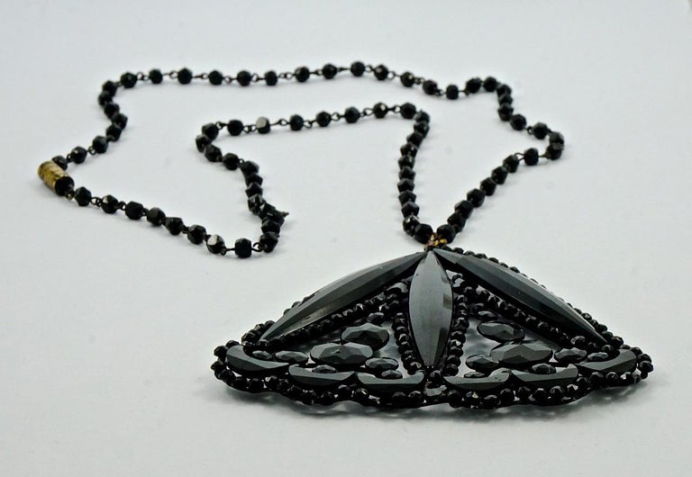 Art Deco Large Hand Cut French Jet Pendant and Beaded Chain Necklace ...