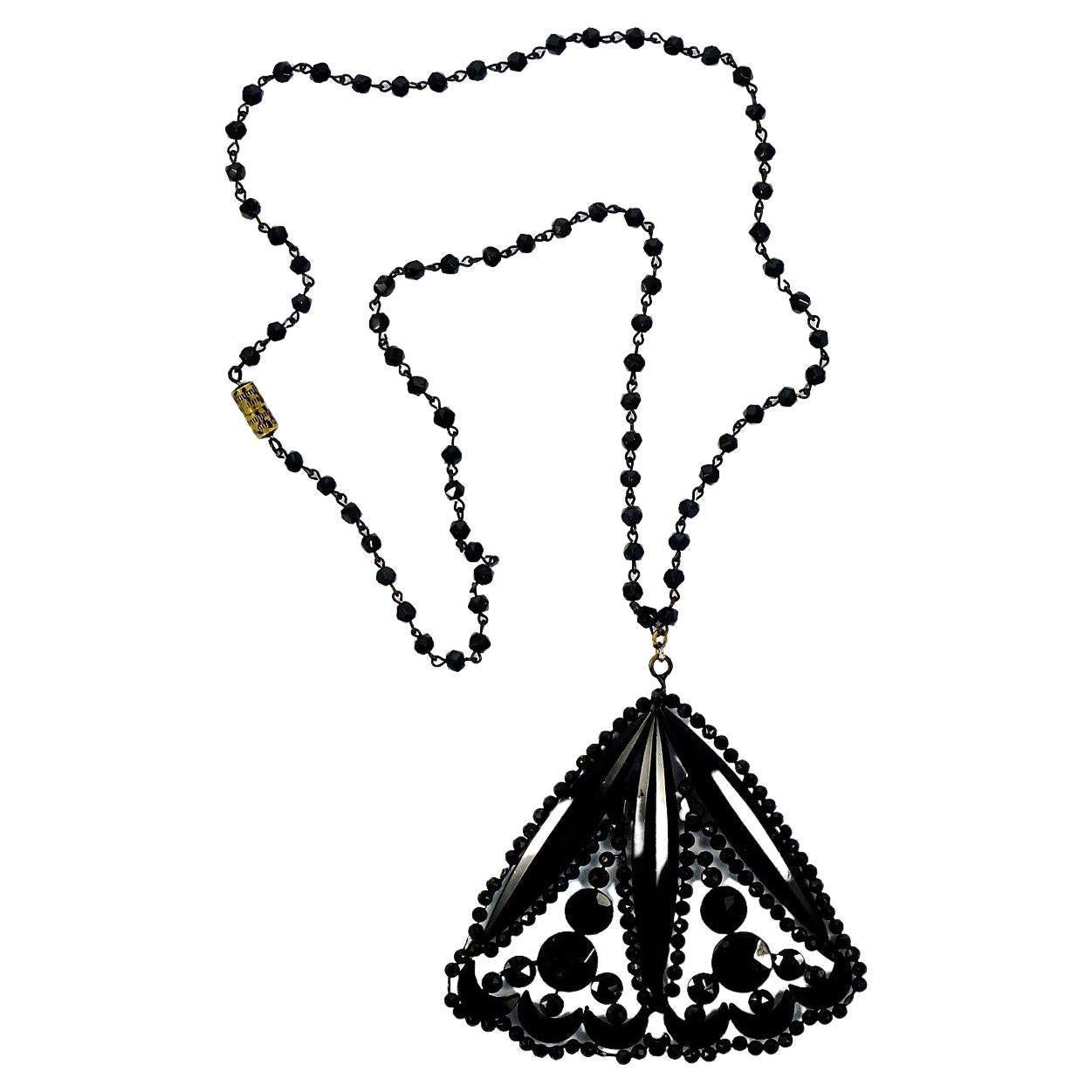 Art Deco Large Hand Cut French Jet Pendant and Beaded Chain Necklace For Sale