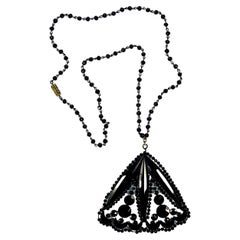 Antique Art Deco Large Hand Cut French Jet Pendant and Beaded Chain Necklace