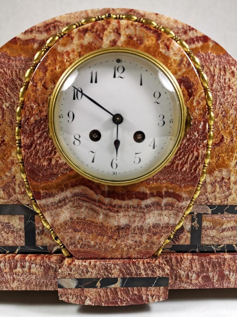 Art Deco Large French Marble Clock in Red Onyx Marble and Portoro For