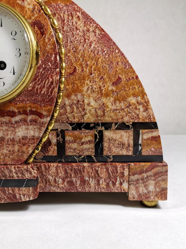 Art Deco Large French Marble Clock in Red Onyx Marble and Portoro For