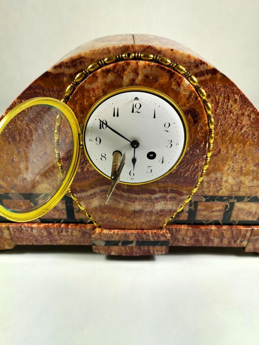 20th Century Art Deco Large French Marble Clock in Red Onyx Marble and Portoro For Sale