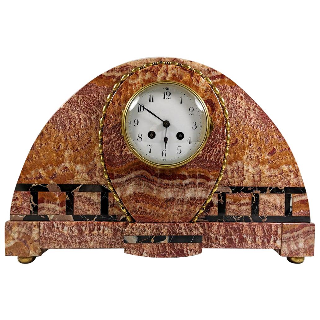 Art Deco Large French Marble Clock in Red Onyx Marble and Portoro For