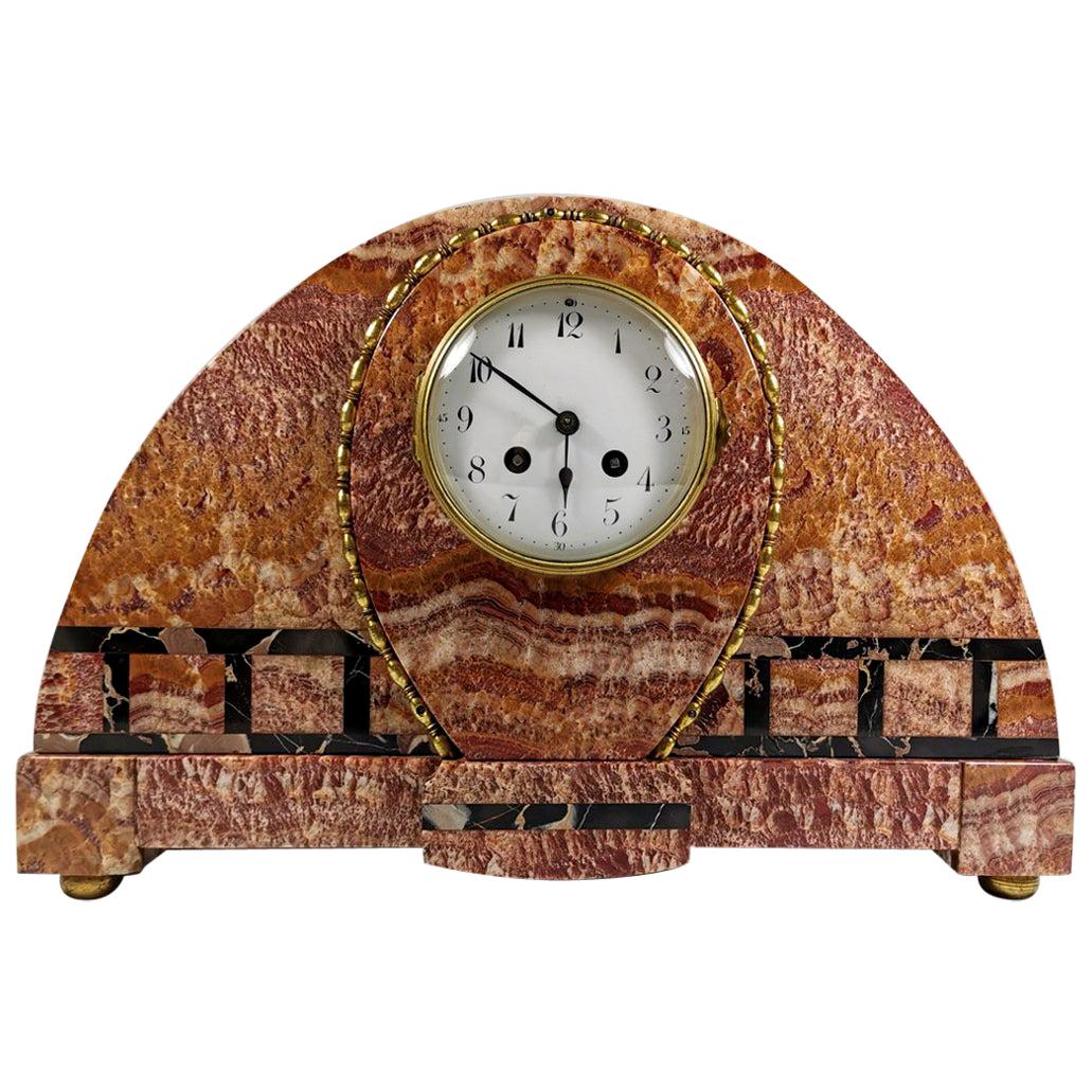 Art Deco Large French Marble Clock in Red Onyx Marble and Portoro For Sale