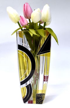 Art Deco Large Glass & Enamel Etched Vase, Czech Republic, c1930