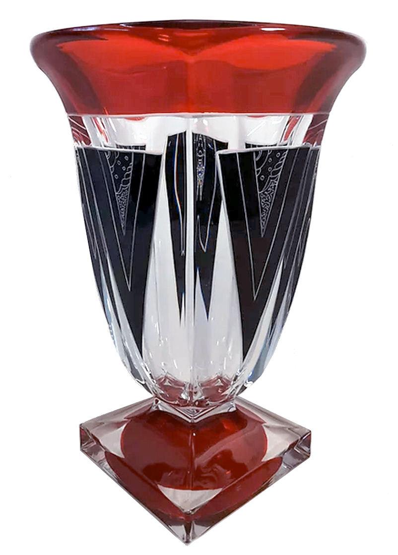 Enameled Art Deco Large Glass & Enamel Etched Vase, Czech Republic, c1930