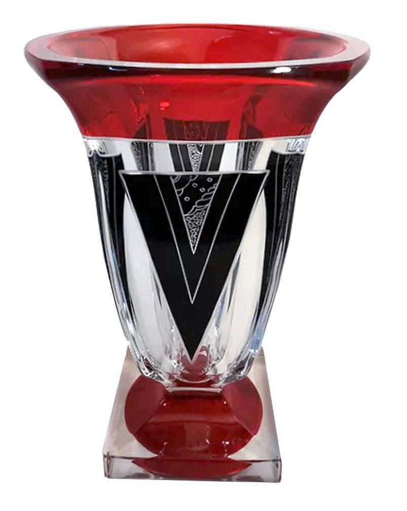 Art Deco Large Glass & Enamel Etched Vase, Czech Republic, c1930 2