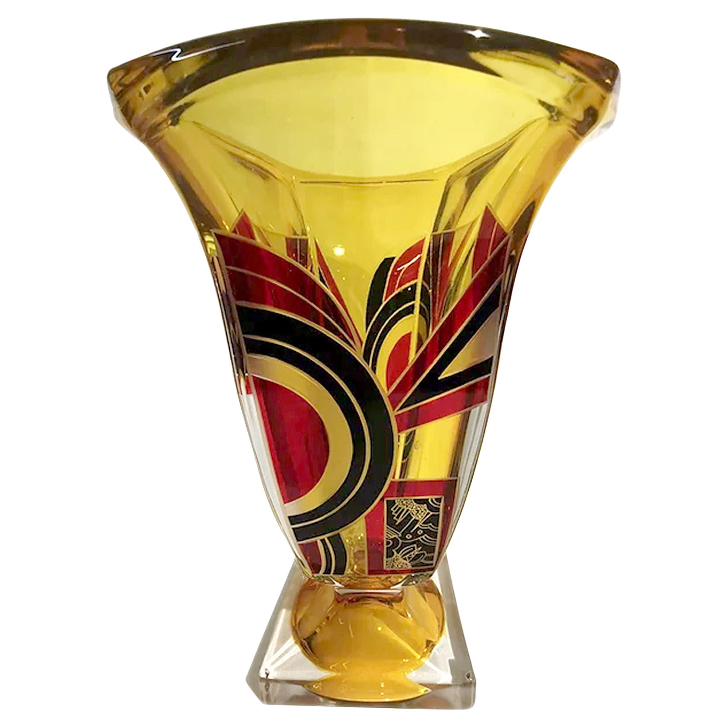 Art Deco Glass and Black Enamel Etched Vase at 1stDibs