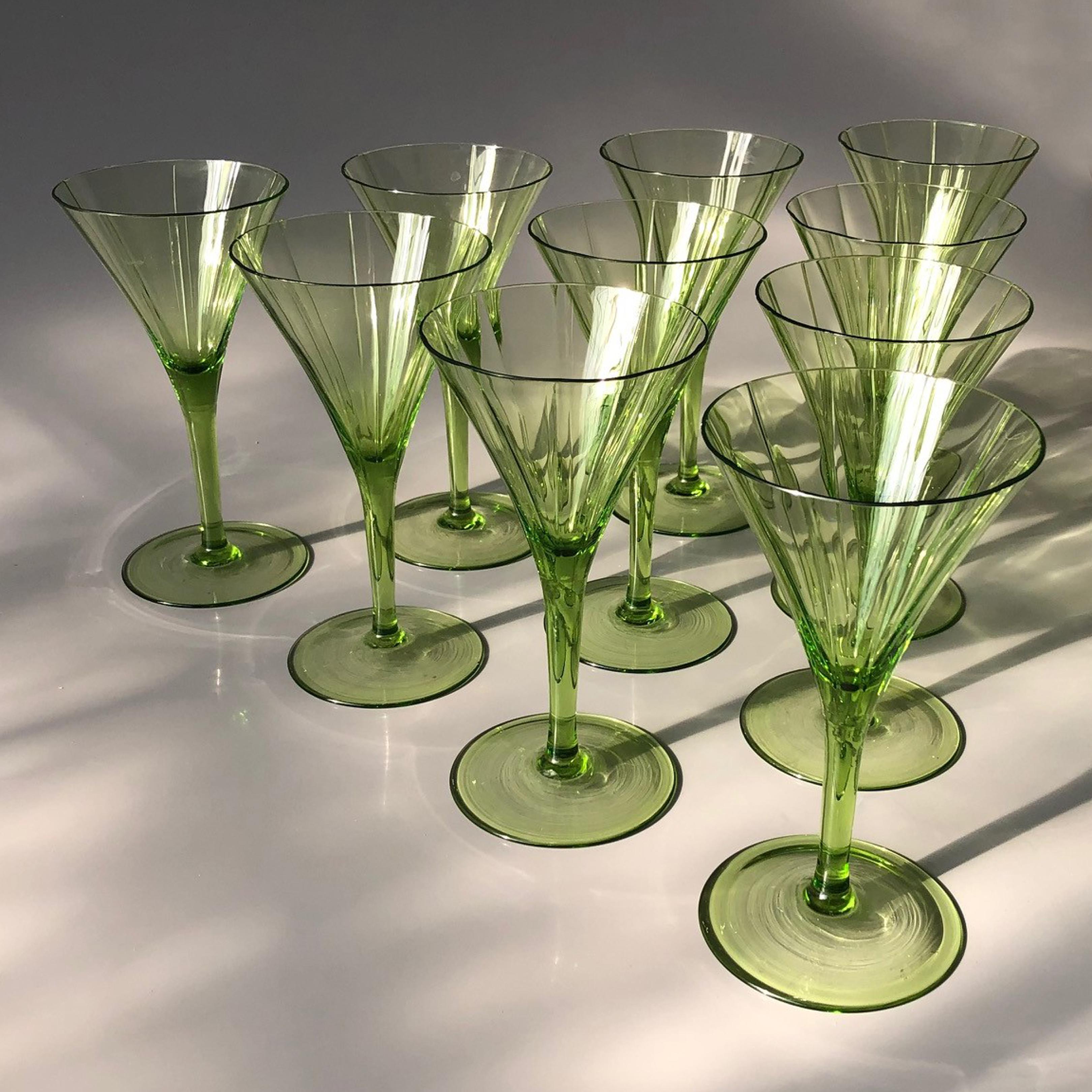 Art Deco Large Green Glass Champagne Wine Water Set, Austria 1920s For Sale 12