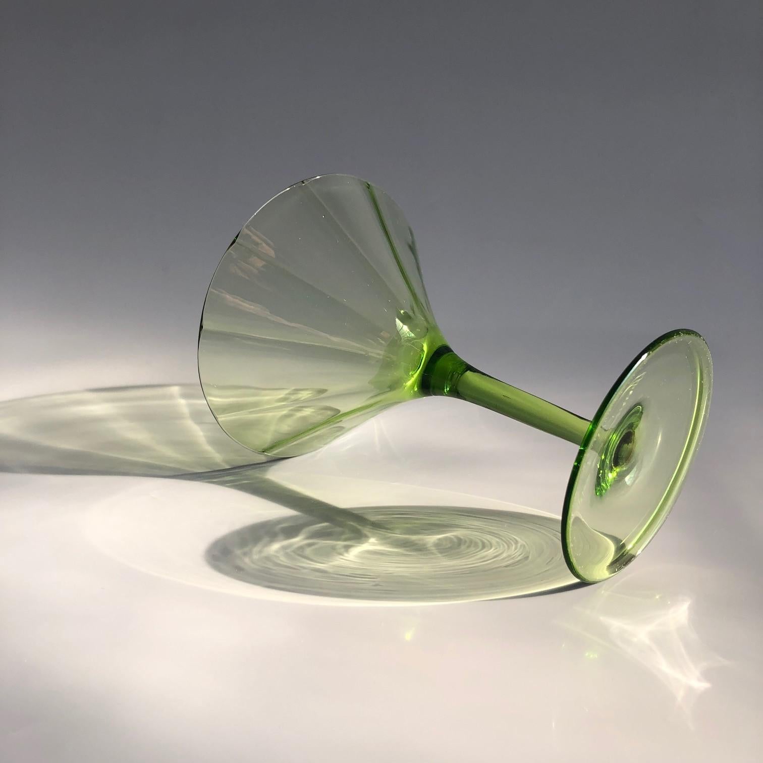 Blown Glass Art Deco Large Green Glass Champagne Wine Water Set, Austria 1920s For Sale
