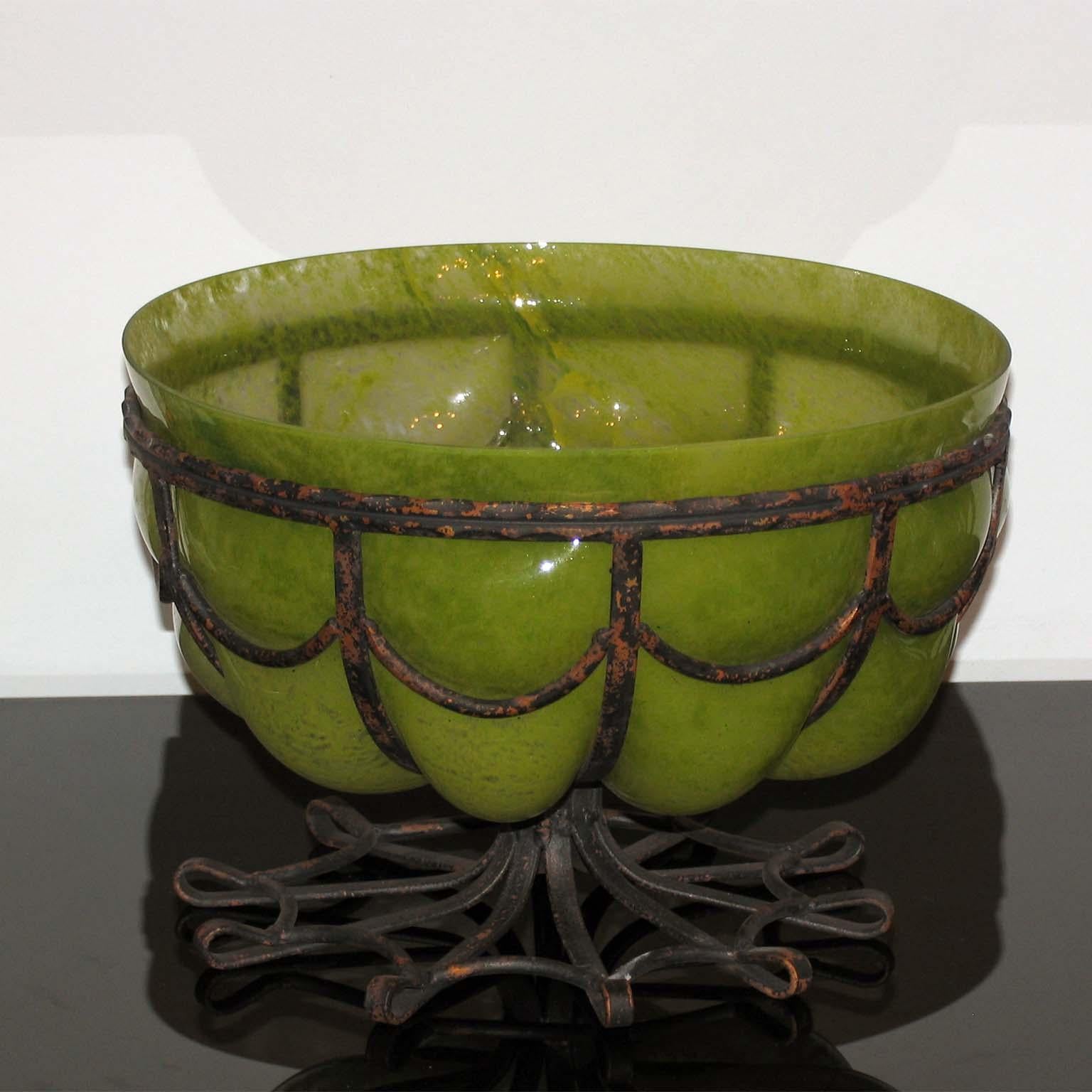 French Art Deco Large Majorelle Style Glass and Wrought Iron Bowl For Sale