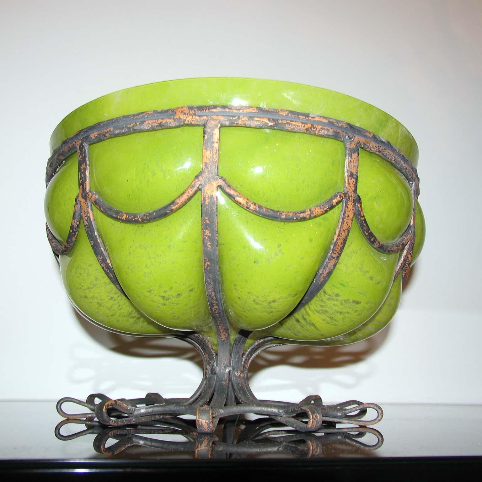 Blown Glass Art Deco Large Majorelle Style Glass and Wrought Iron Bowl For Sale