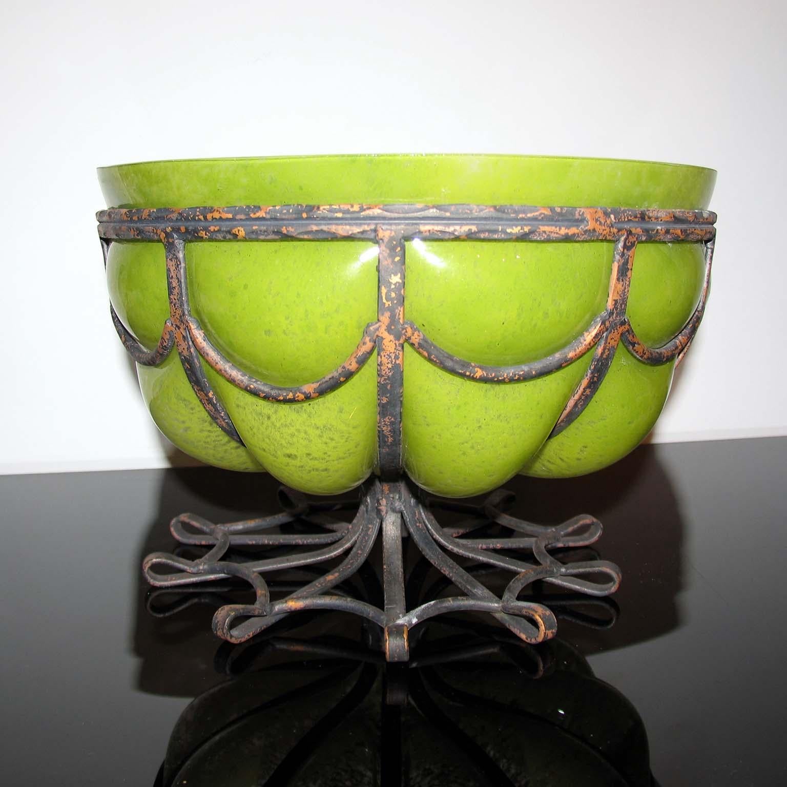 Art Deco Large Majorelle Style Glass and Wrought Iron Bowl For Sale 1
