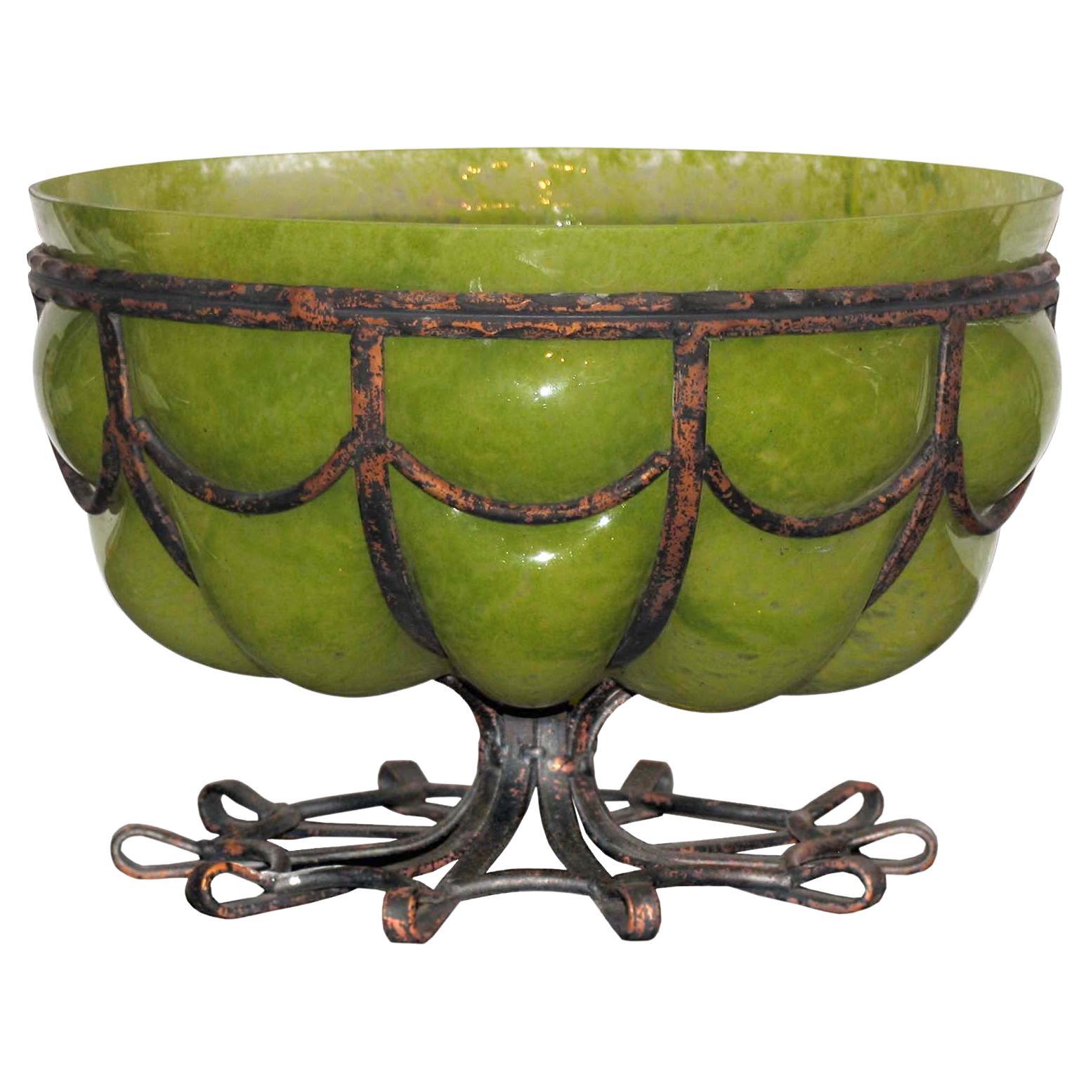 Art Deco Large Majorelle Style Glass and Wrought Iron Bowl