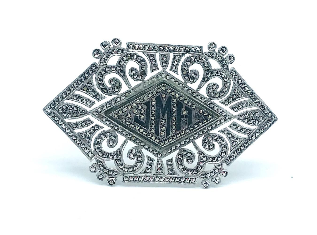 Victorian Art Deco, Large Marcasite Sterling Pin For Sale
