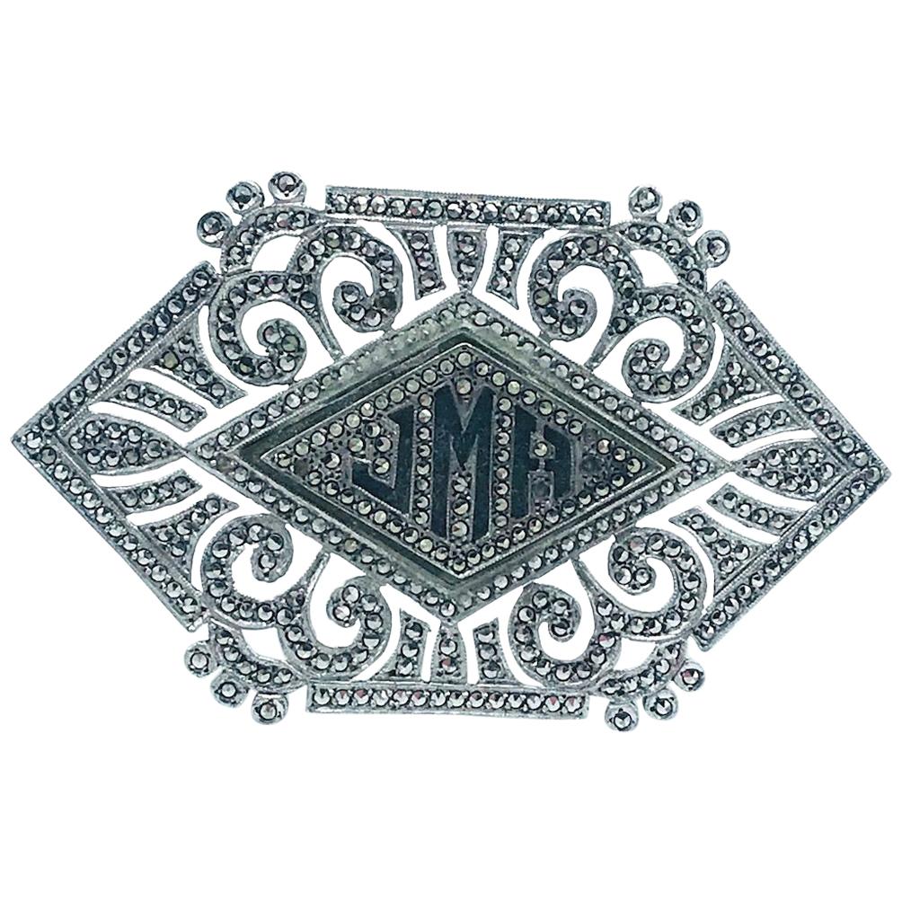 Art Deco, Large Marcasite Sterling Pin For Sale