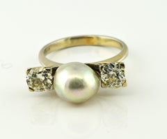 Art Deco Large Natural Pearl 1.60 Ct Diamond Trilogy Ring 18 KT