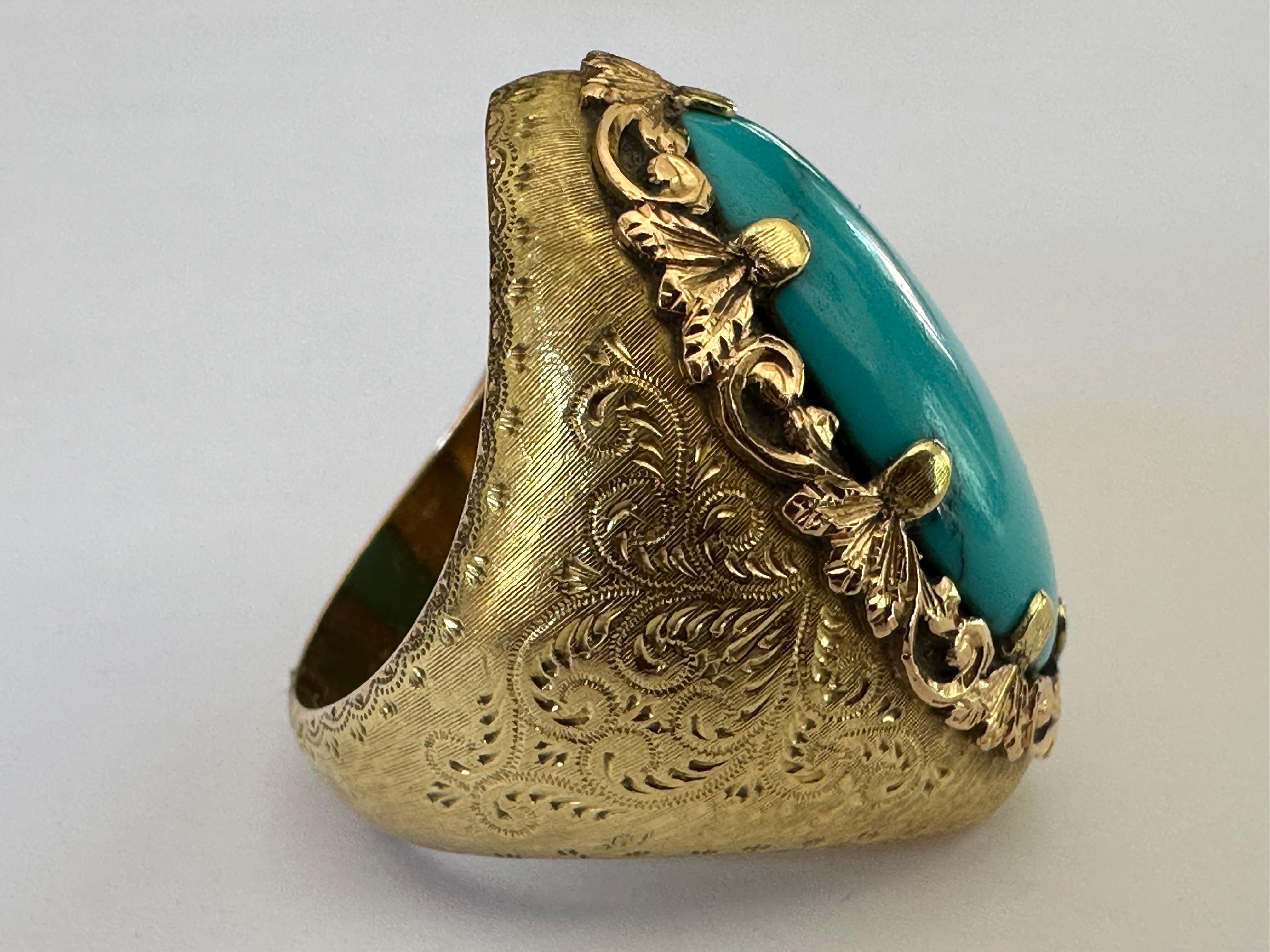 Women's Art Deco Large Natural Turquoise and 18K Gold Cocktail Ring For Sale
