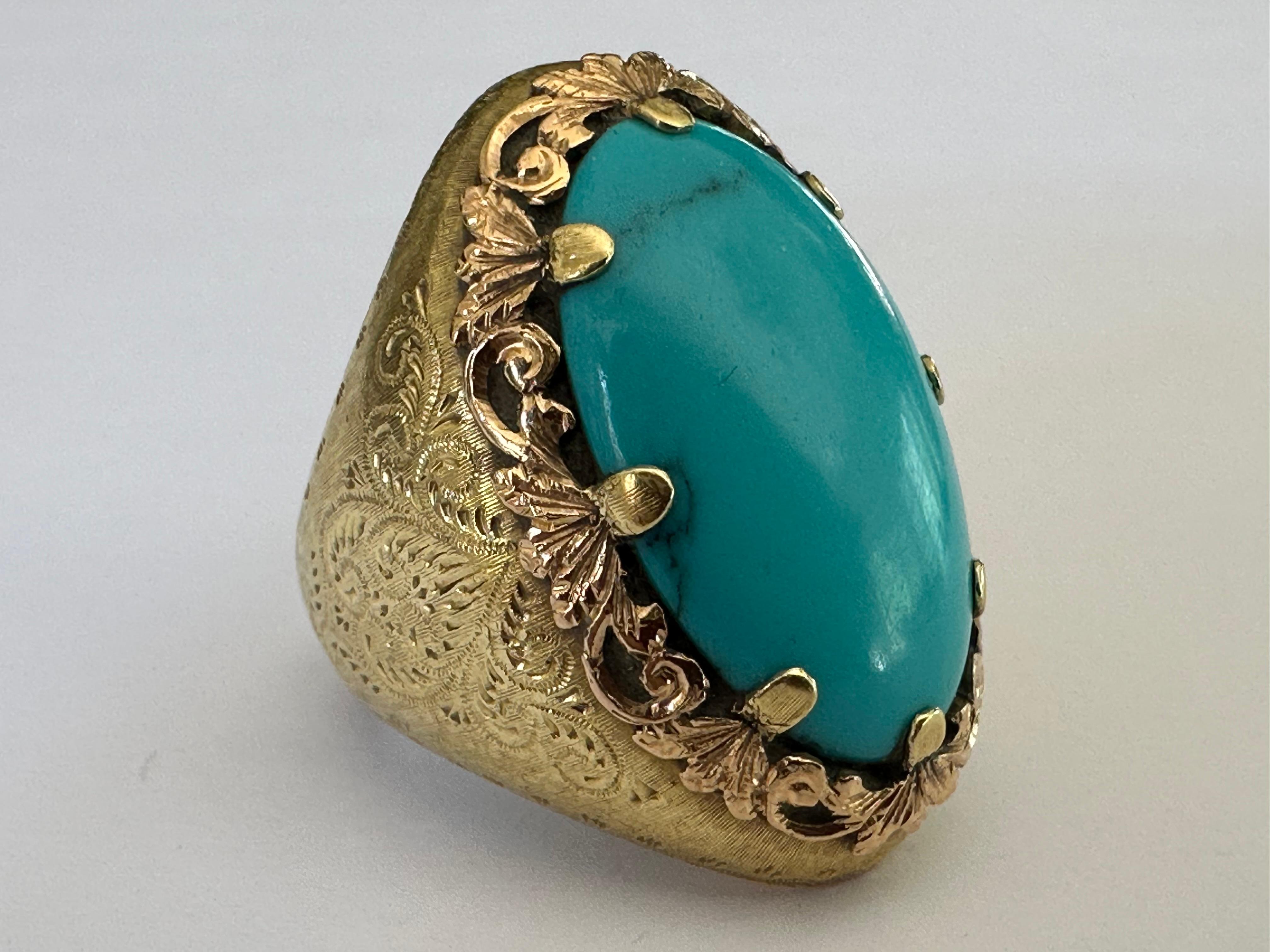 Art Deco Large Natural Turquoise and 18K Gold Cocktail Ring For Sale 1