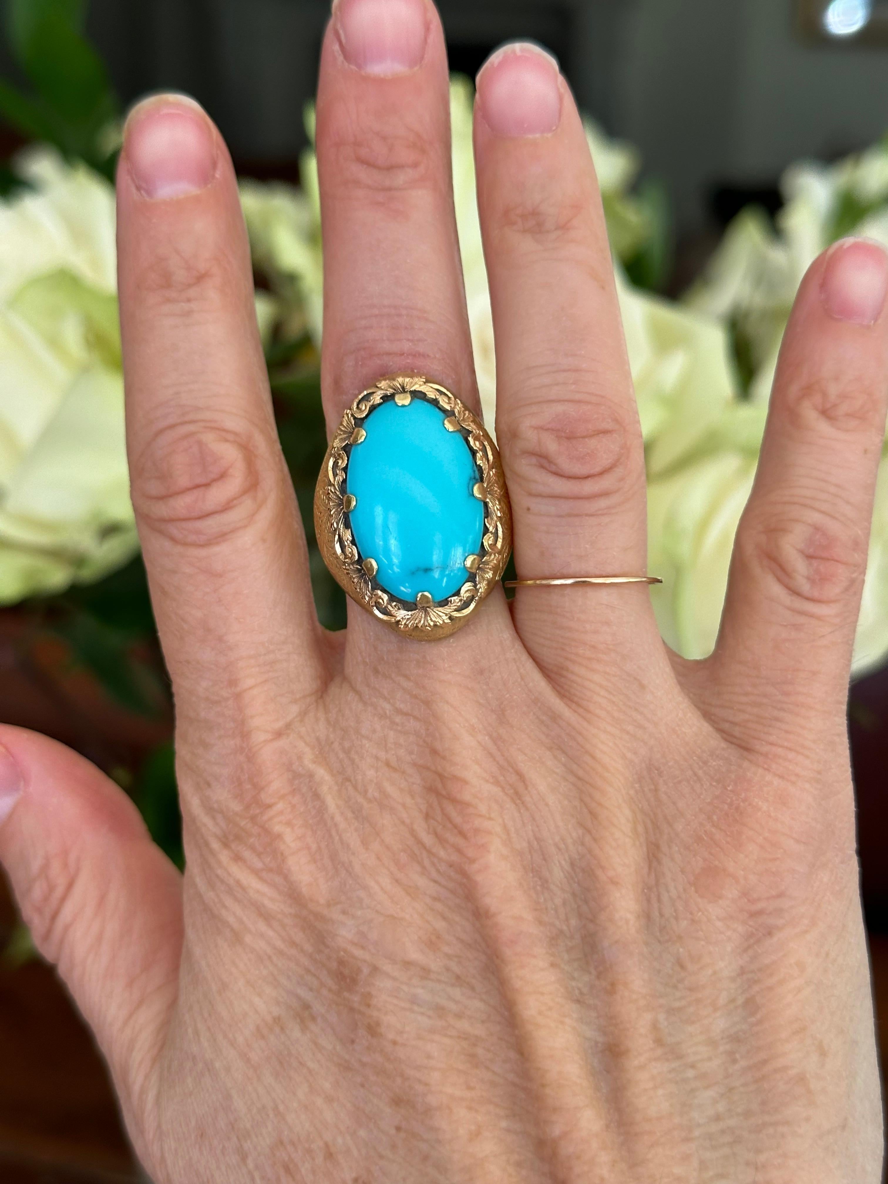 Art Deco Large Natural Turquoise and 18K Gold Cocktail Ring For Sale 2