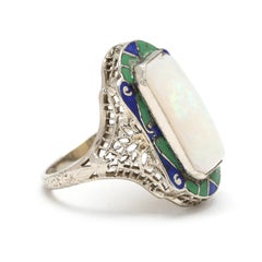 Art Deco Large Opal Rectangular Ring, 14k White Gold, Ring Size 4.25