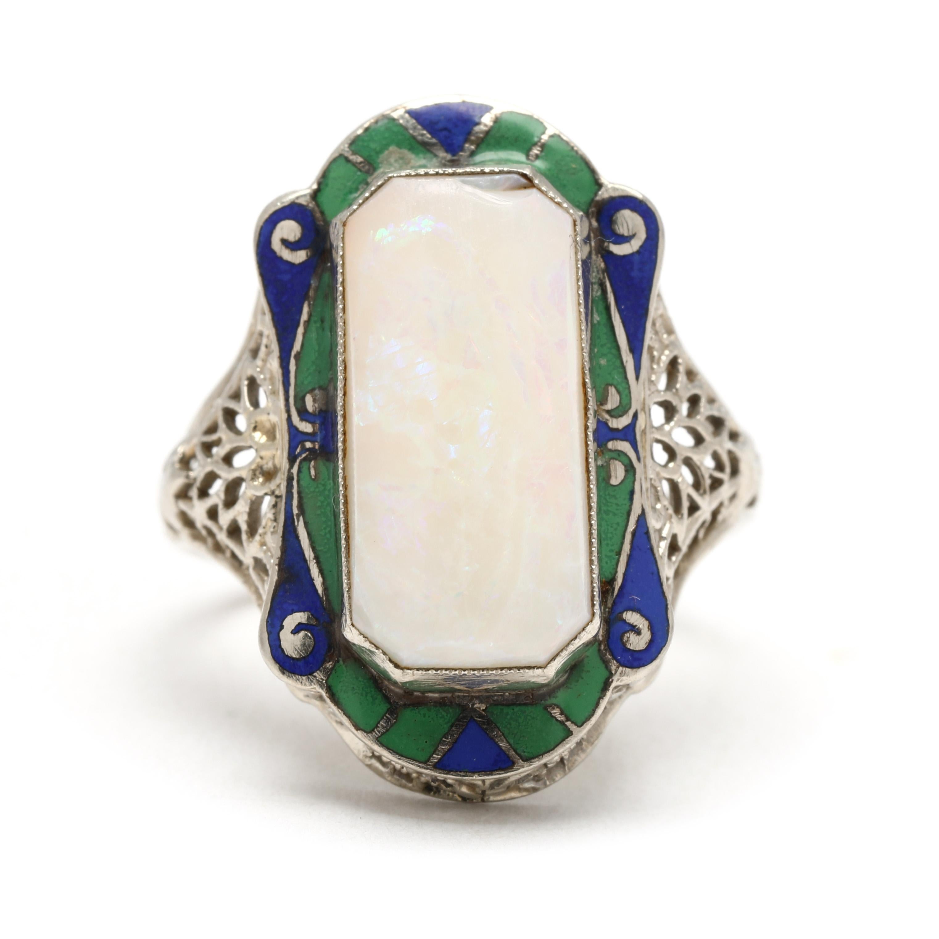 Art Deco Large Opal Rectangular Ring, 14k White Gold, Ring Size 4.25 For Sale