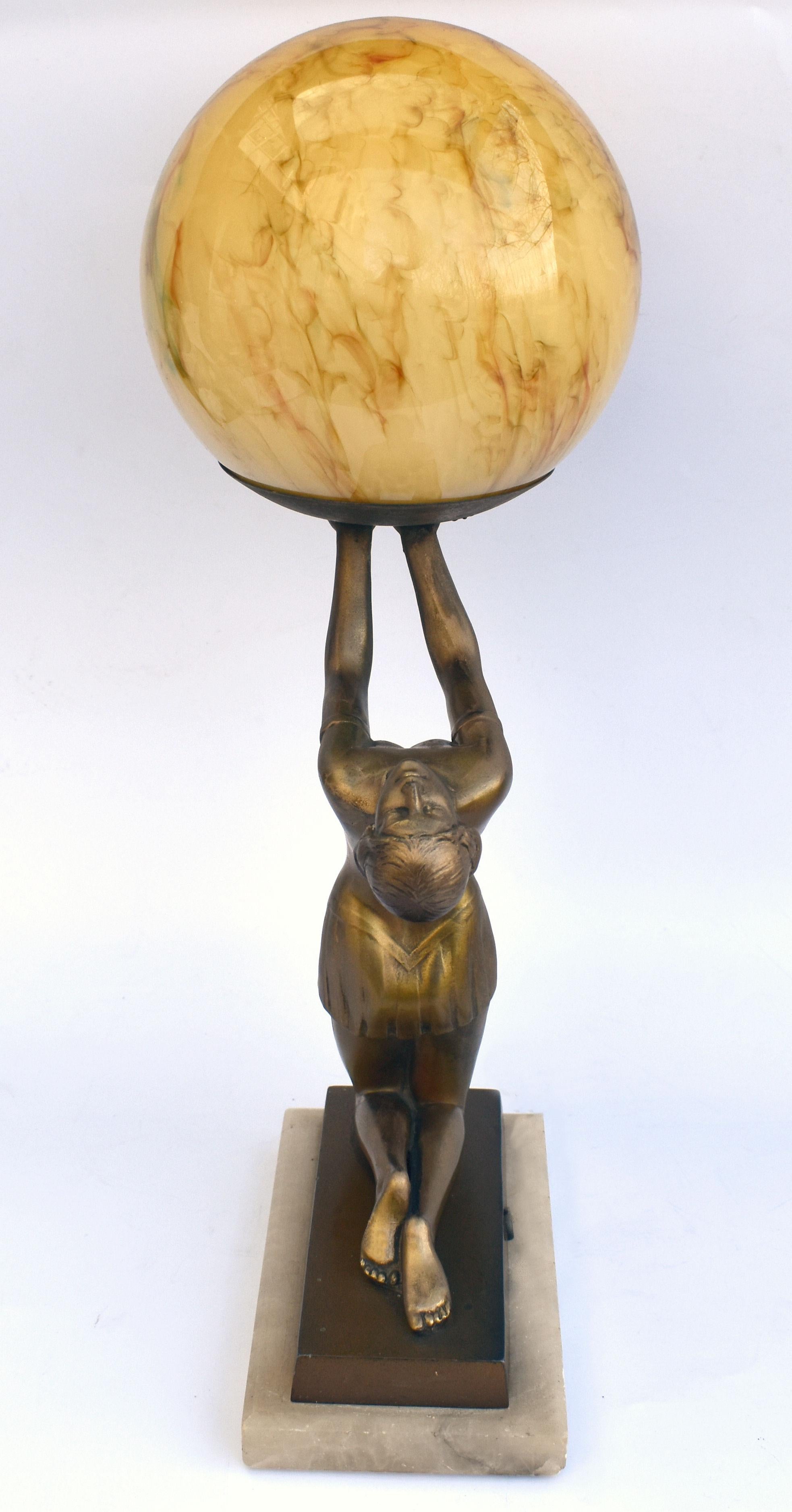 French Art Deco Large & Original Figural Table Lamp, Spelter & Glass , c1930