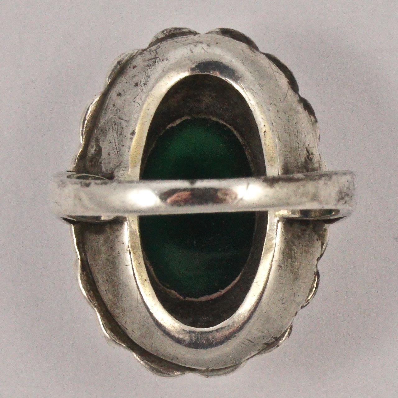 Victorian Silver Ring Marcasite & Mottled Green Stone