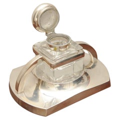 Art Deco Large Silver Plated Desk Inkwell On Stand Made in Denmark