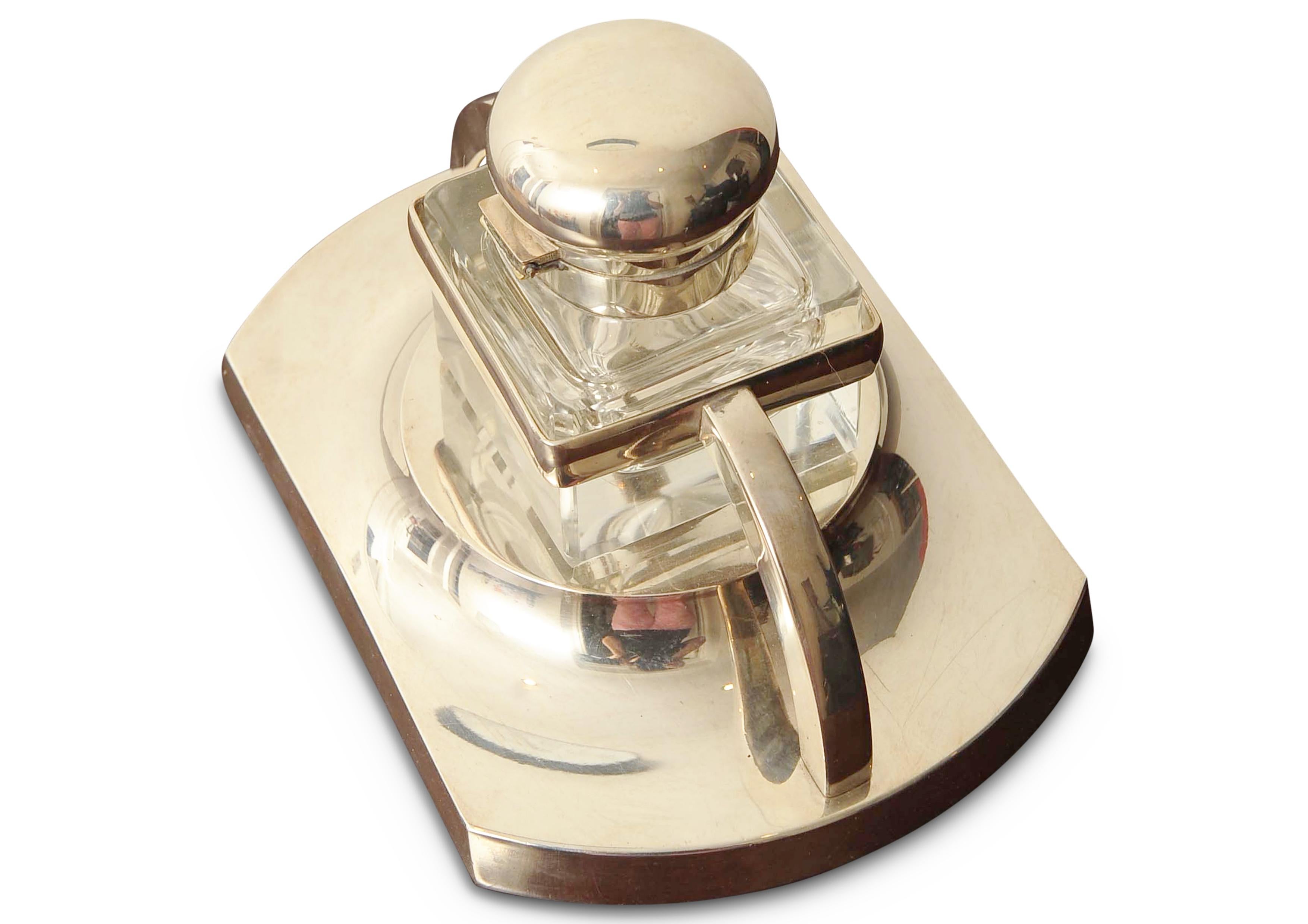 Danish Art Deco Large Silver Plated Desk Inkwell On Stand Made in Denmark  For Sale