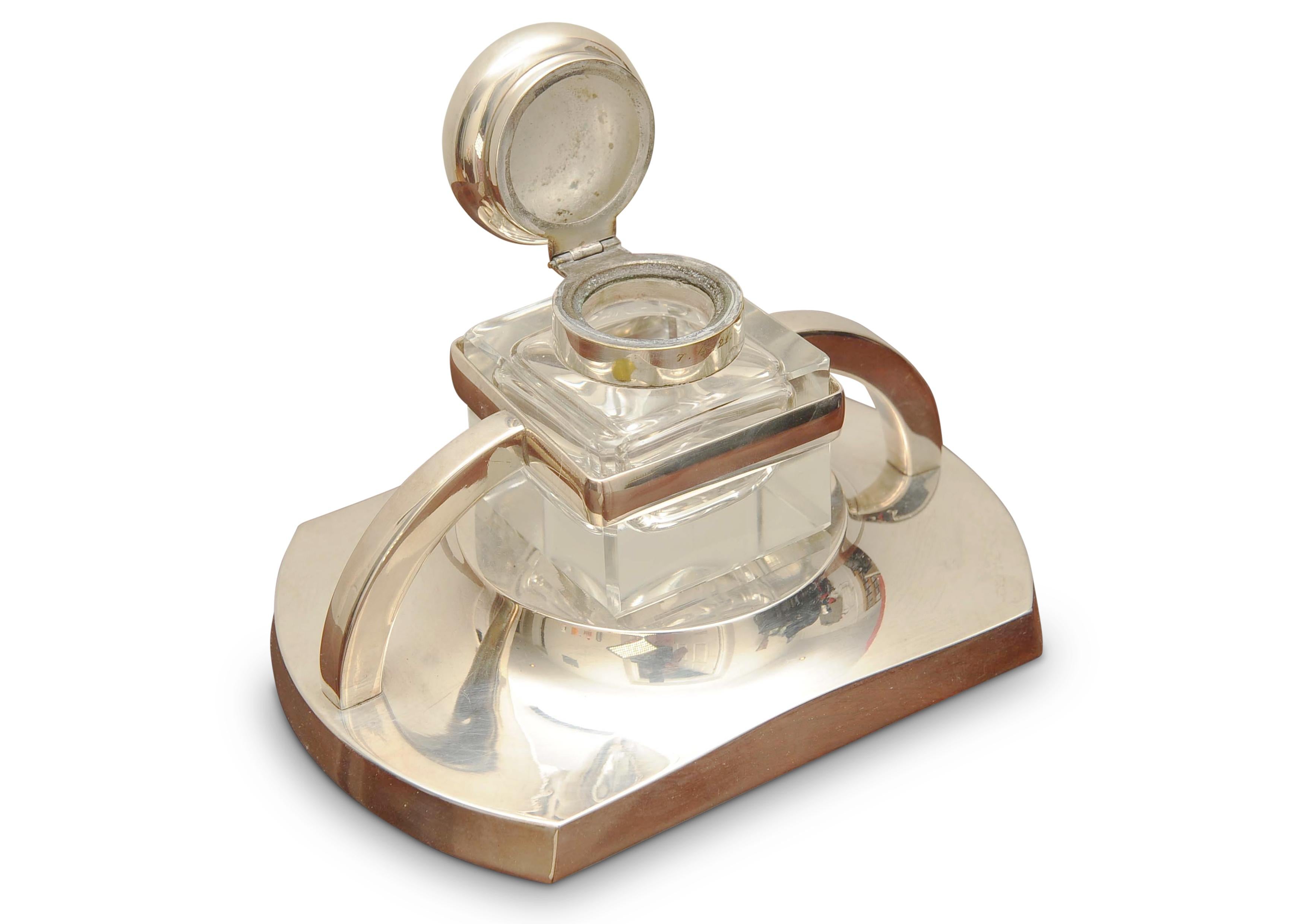 Art Deco Large Silver Plated Desk Inkwell On Stand Made in Denmark  In Good Condition For Sale In High Wycombe, GB