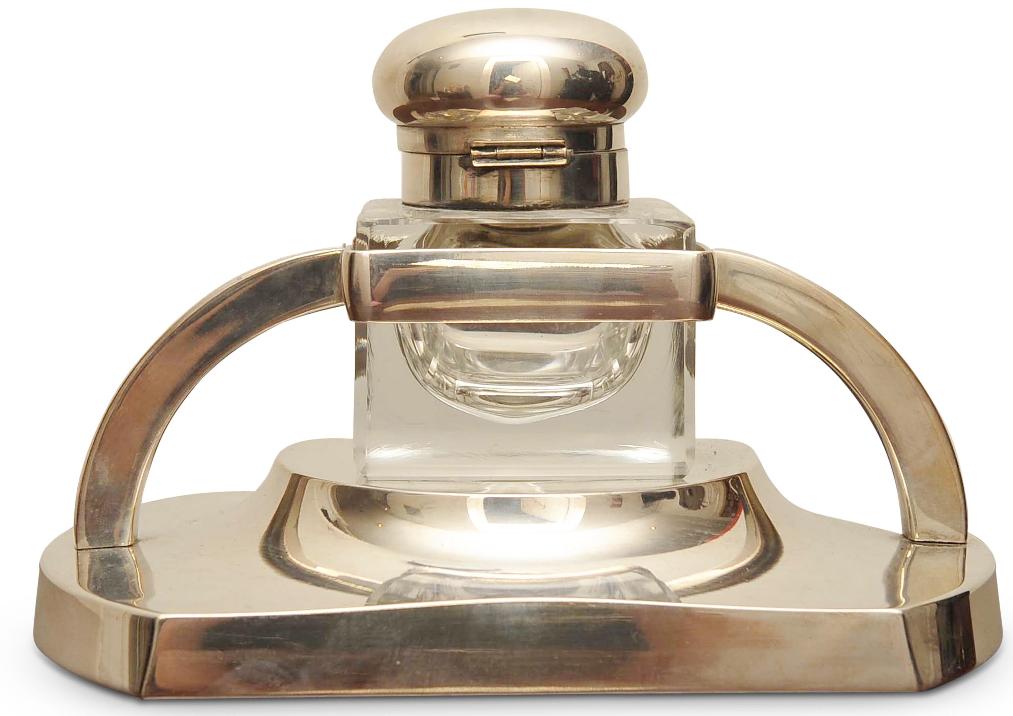 20th Century Art Deco Large Silver Plated Desk Inkwell On Stand Made in Denmark  For Sale