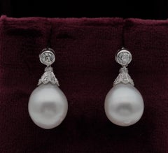 Art Deco Large South Sea Pearl Rose Cut Diamond and More .55 Carat Rare Earrings