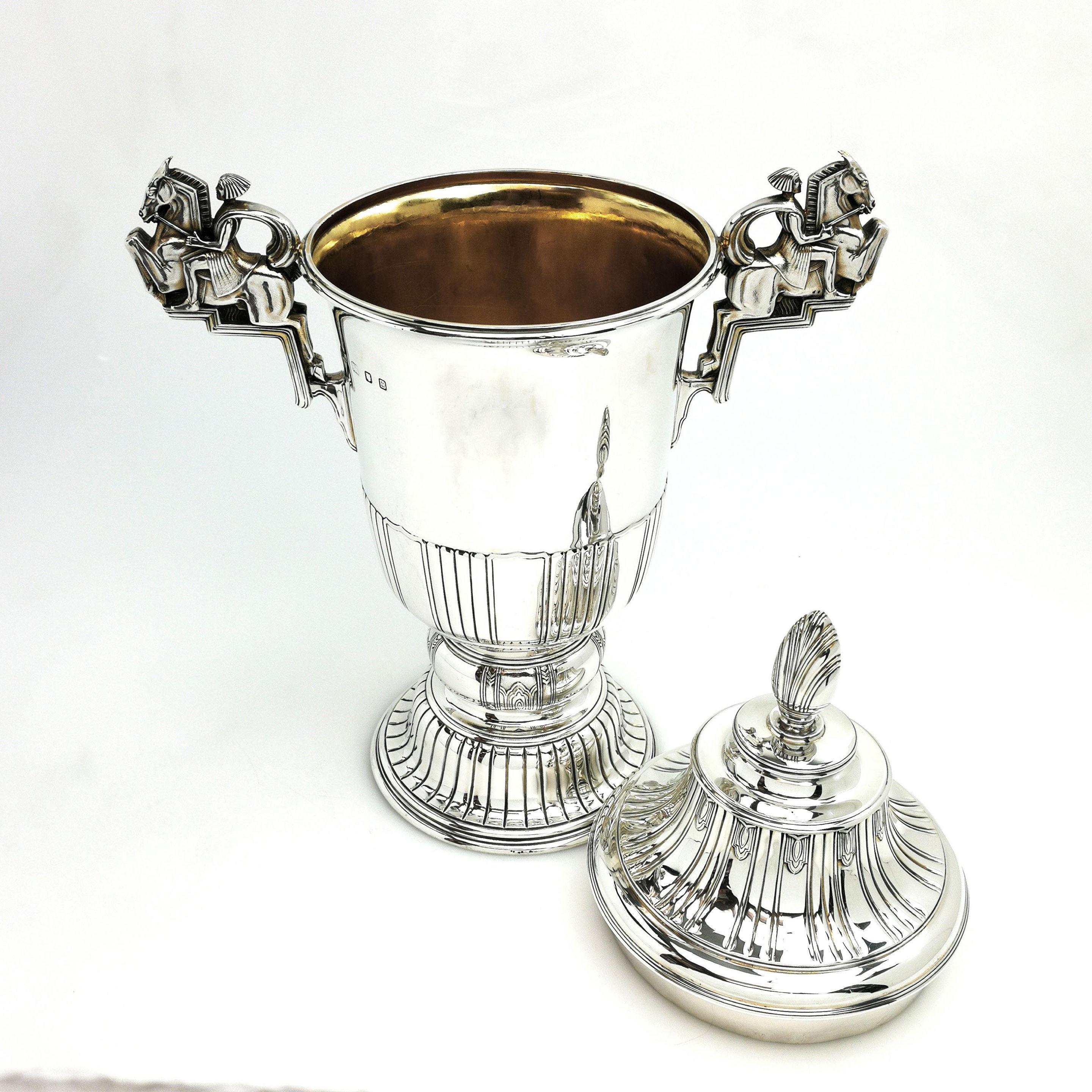 English Art Deco Large Sterling Silver Cup & Cover / Trophy 1937 Horse Equestrian